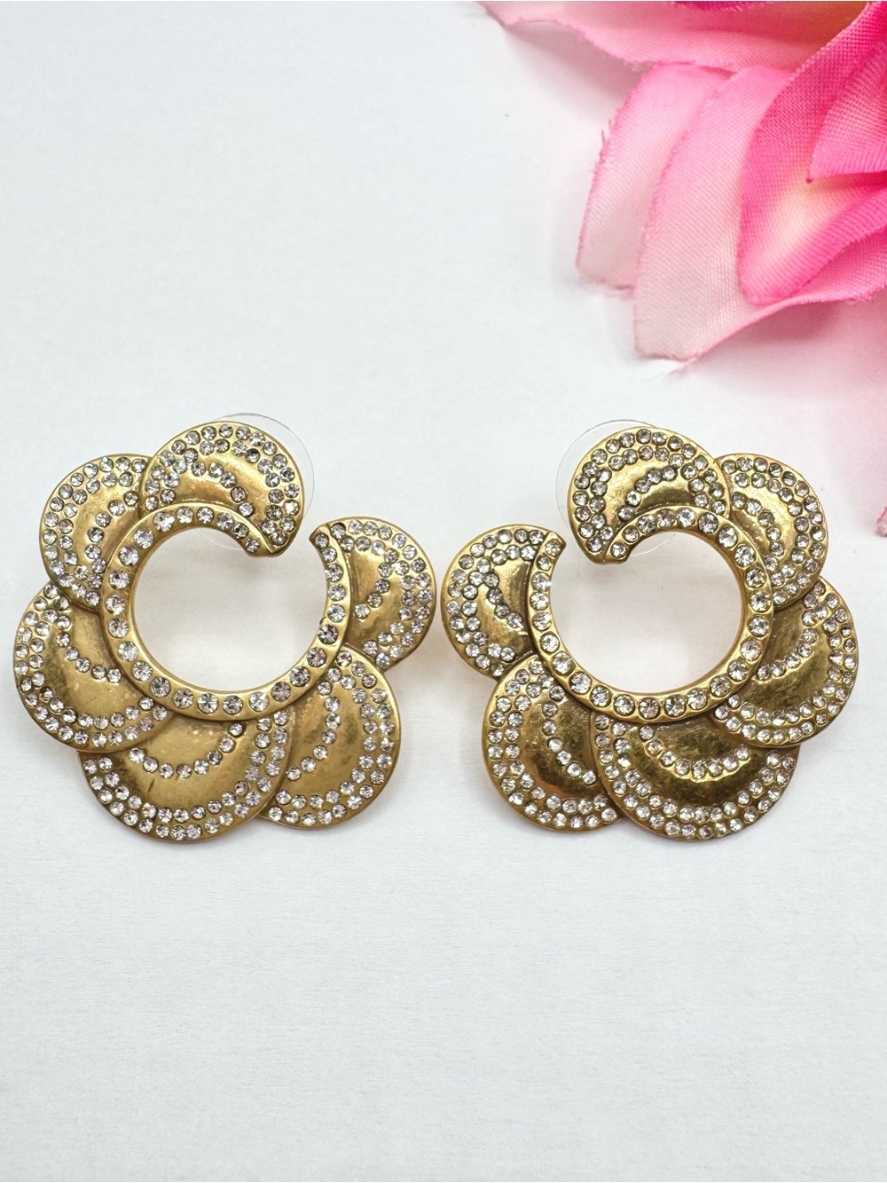 J.Crew Floral Swirl Rhinestone Earrings Gold Tone Signed Art Nouveau Revival